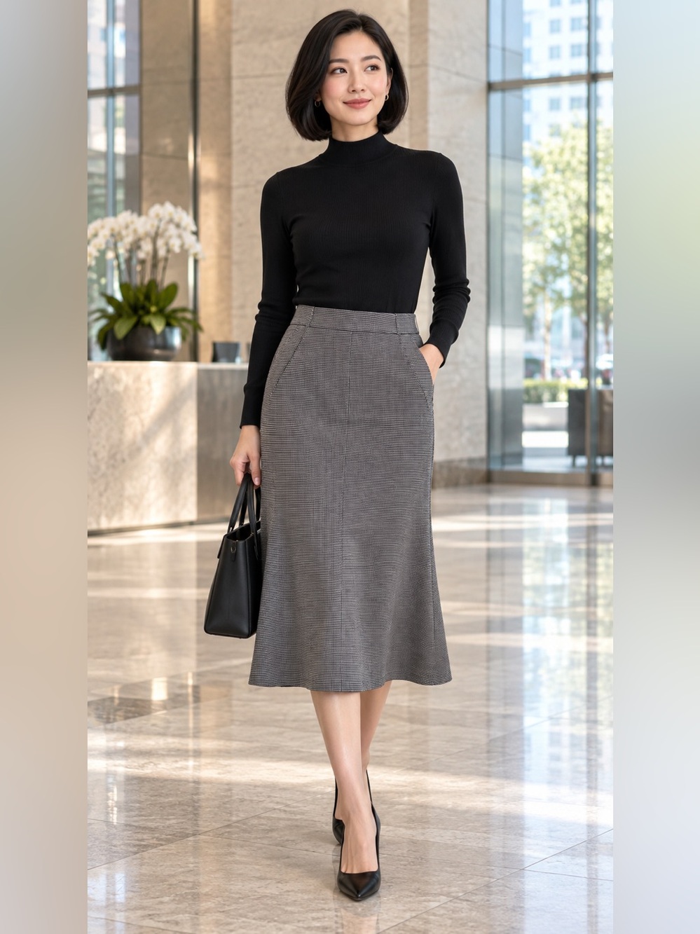 Tibi New York Black White Houndstooth Midi Trumpet Skirt Pockets